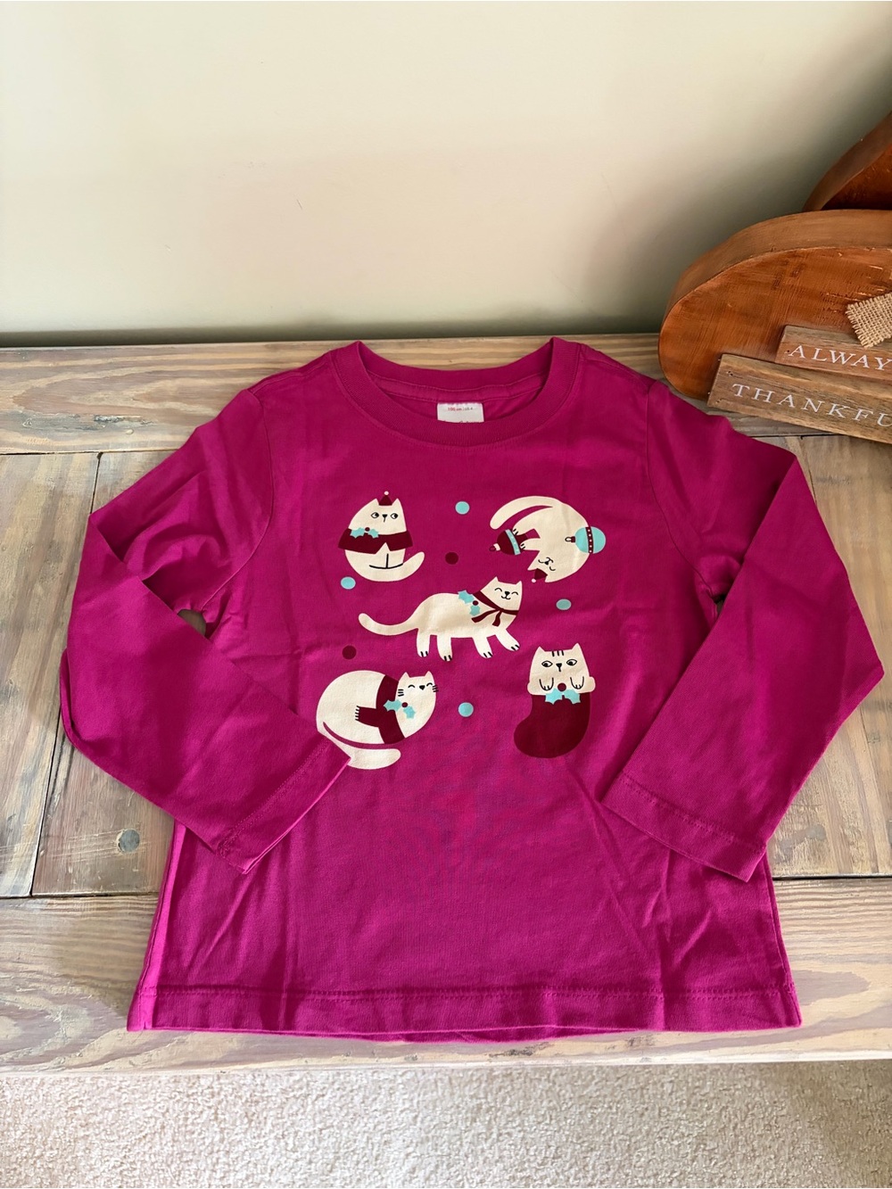 Hanna Andersson Berry Long-Sleeve Tee w/Holiday Cat Graphics 🆕